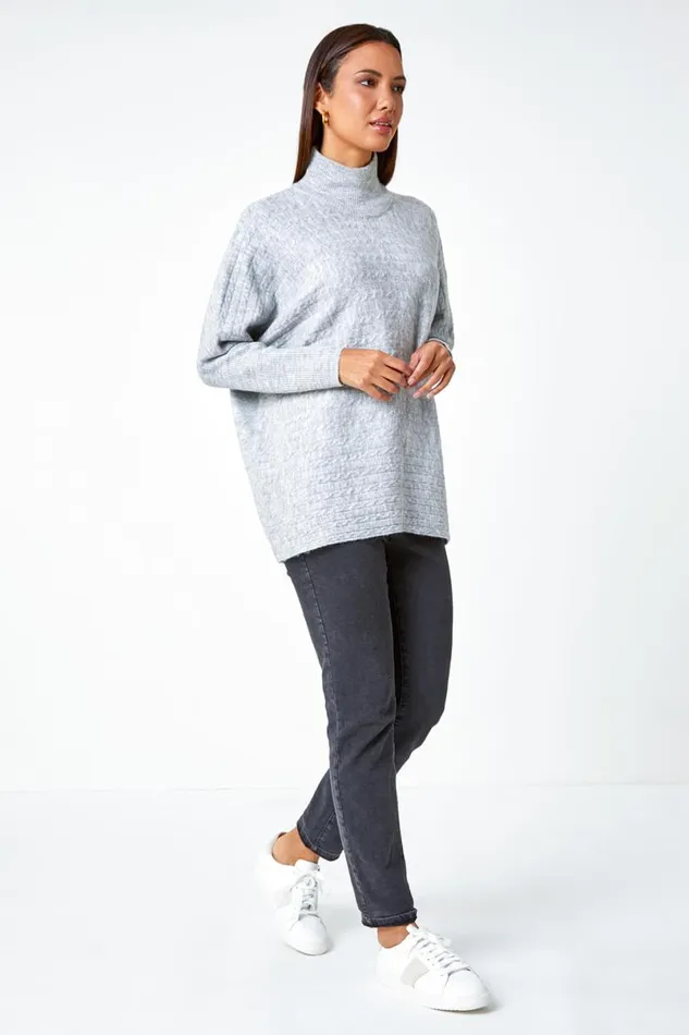 Light Grey Cable Knit Roll Neck Stretch Longline Jumper Women Roman Knitwear