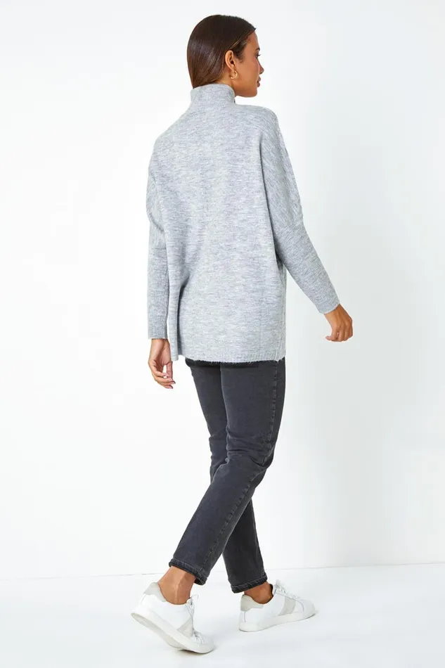 Light Grey Cable Knit Roll Neck Stretch Longline Jumper Women Roman Knitwear
