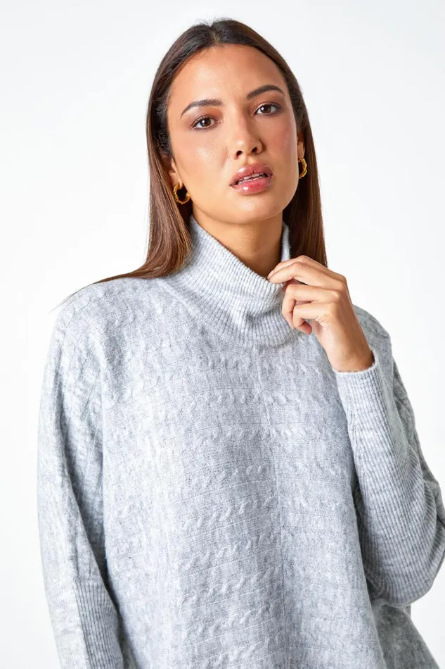 Light Grey Cable Knit Roll Neck Stretch Longline Jumper Women Roman Knitwear