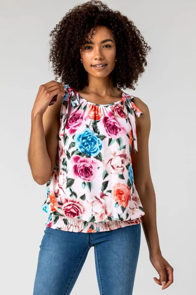 Light Pink Bow Detail Floral Shirred Chiffon Top Women Roman Tops