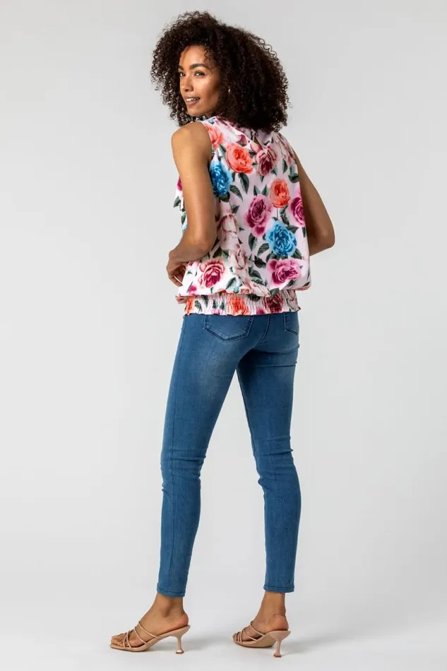 Light Pink Bow Detail Floral Shirred Chiffon Top Women Roman Tops