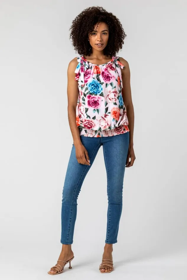 Light Pink Bow Detail Floral Shirred Chiffon Top Women Roman Tops