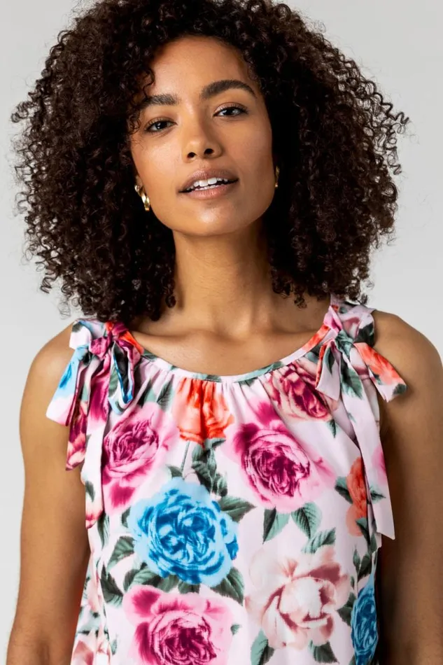 Light Pink Bow Detail Floral Shirred Chiffon Top Women Roman Tops
