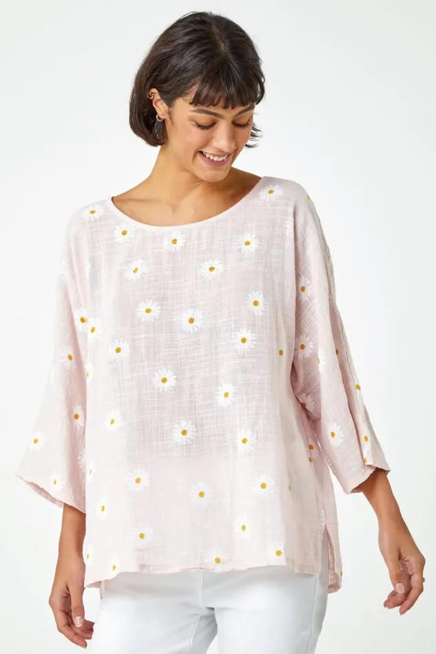 Light Pink Daisy Print Cotton Tunic Top Women Roman Tops