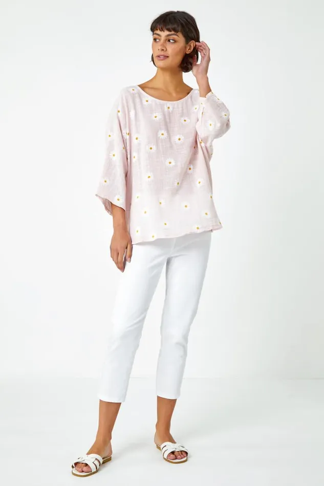 Light Pink Daisy Print Cotton Tunic Top Women Roman Tops