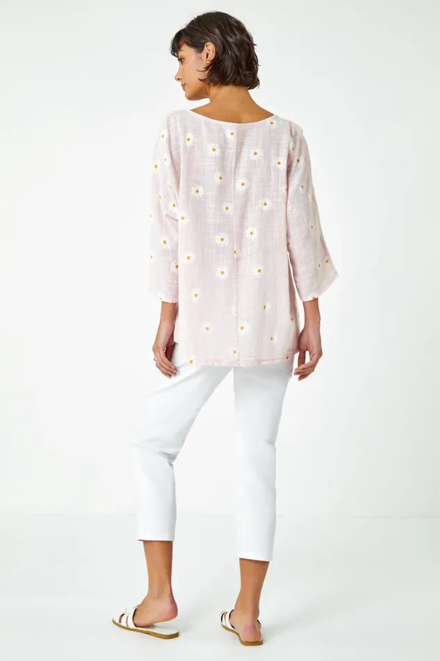 Light Pink Daisy Print Cotton Tunic Top Women Roman Tops