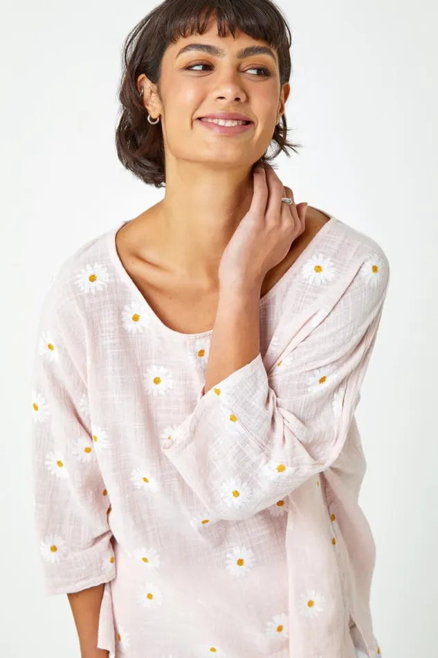 Light Pink Daisy Print Cotton Tunic Top Women Roman Tops