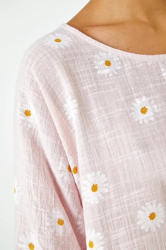 Light Pink Daisy Print Cotton Tunic Top Women Roman Tops