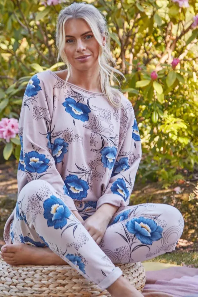 LightPink Floral Print Long Sleeve Lounge Top Women Roman Tops