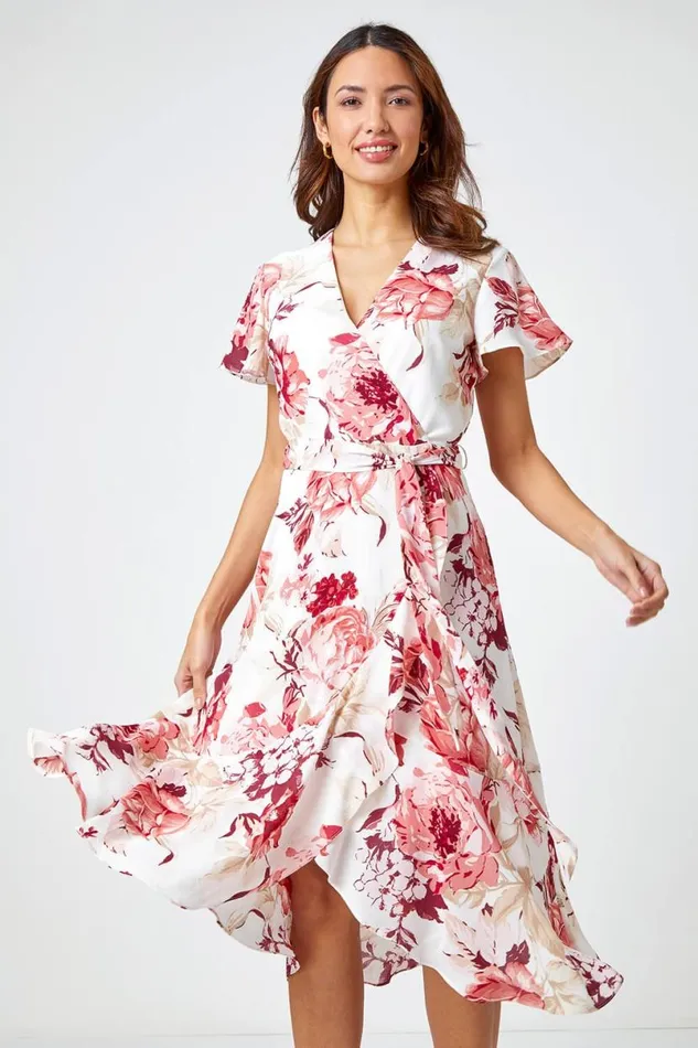 Light Pink Floral Print Wrap Stretch Dress Women Roman Dresses