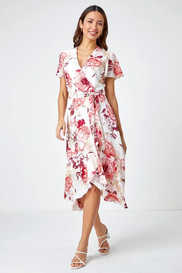 Light Pink Floral Print Wrap Stretch Dress Women Roman Dresses