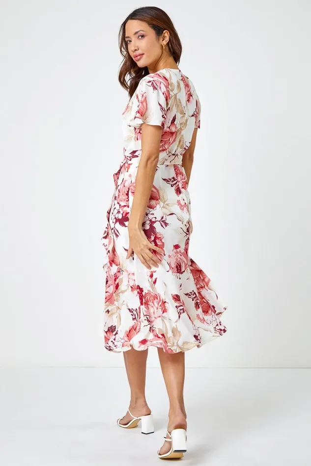Light Pink Floral Print Wrap Stretch Dress Women Roman Dresses