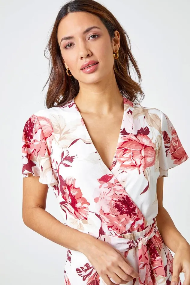 Light Pink Floral Print Wrap Stretch Dress Women Roman Dresses