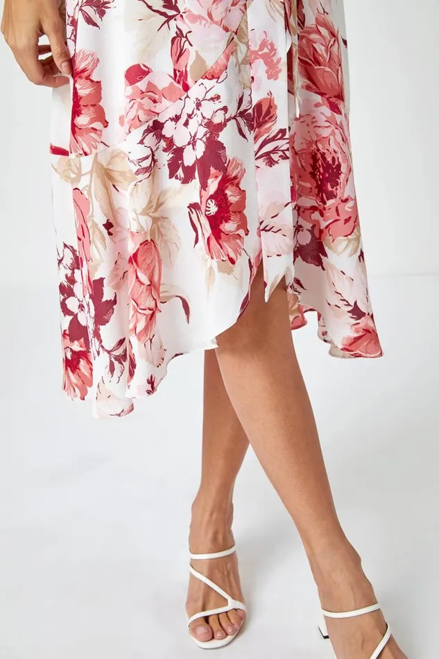 Light Pink Floral Print Wrap Stretch Dress Women Roman Dresses