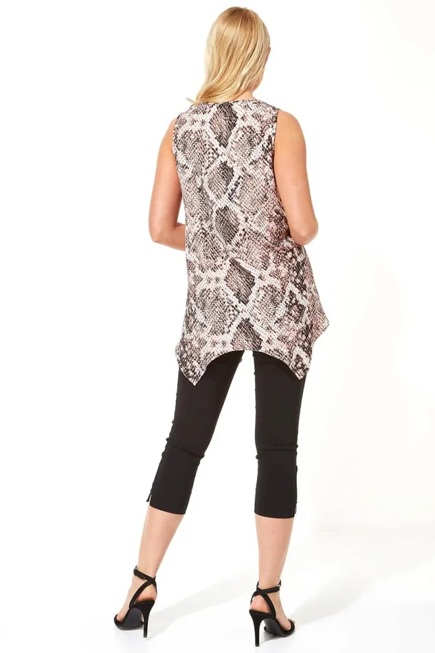 Light Pink Snake Print Hanky Hem Chiffon Tunic Blouse Women Roman Tops