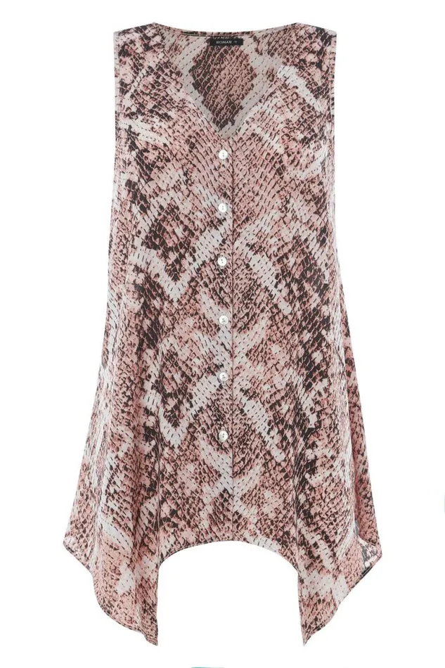 Light Pink Snake Print Hanky Hem Chiffon Tunic Blouse Women Roman Tops