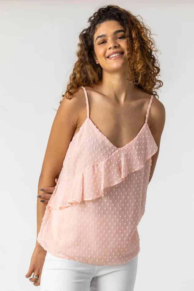 Light Pink Textured Spot Frill Detail Cami Top Women Roman Tops