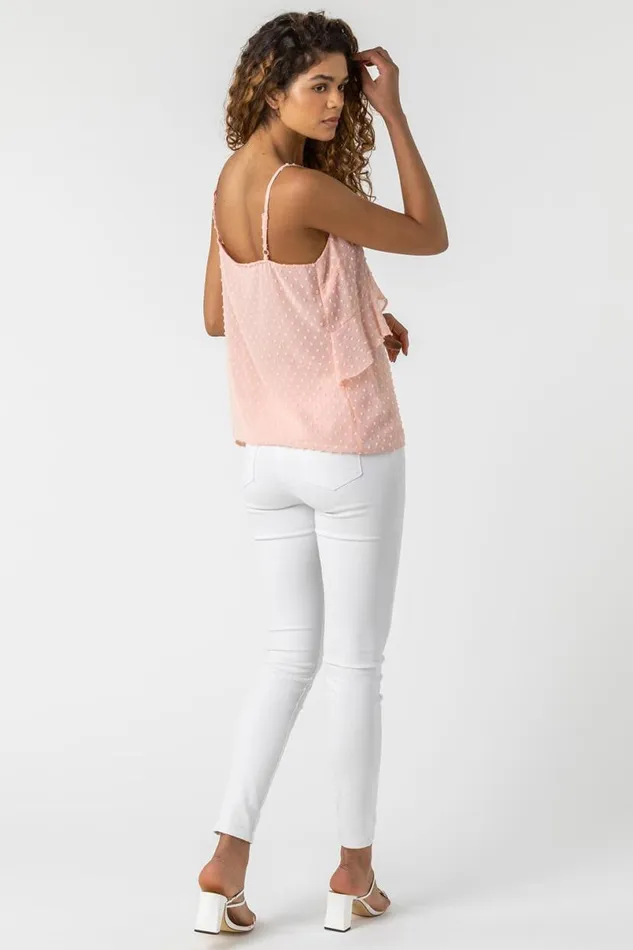 Light Pink Textured Spot Frill Detail Cami Top Women Roman Tops