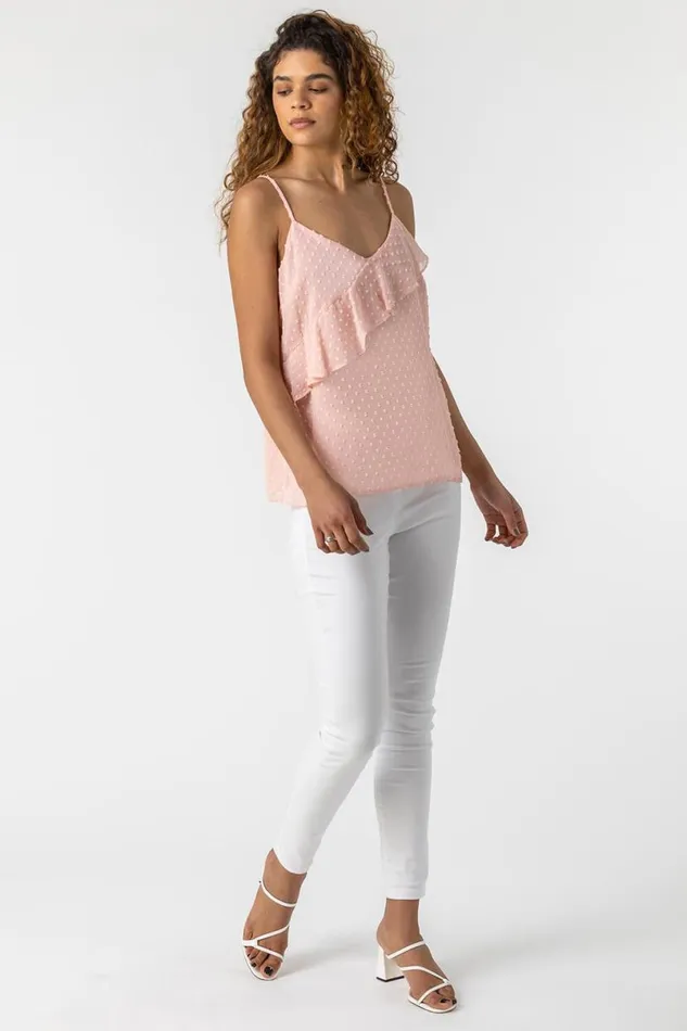 Light Pink Textured Spot Frill Detail Cami Top Women Roman Tops