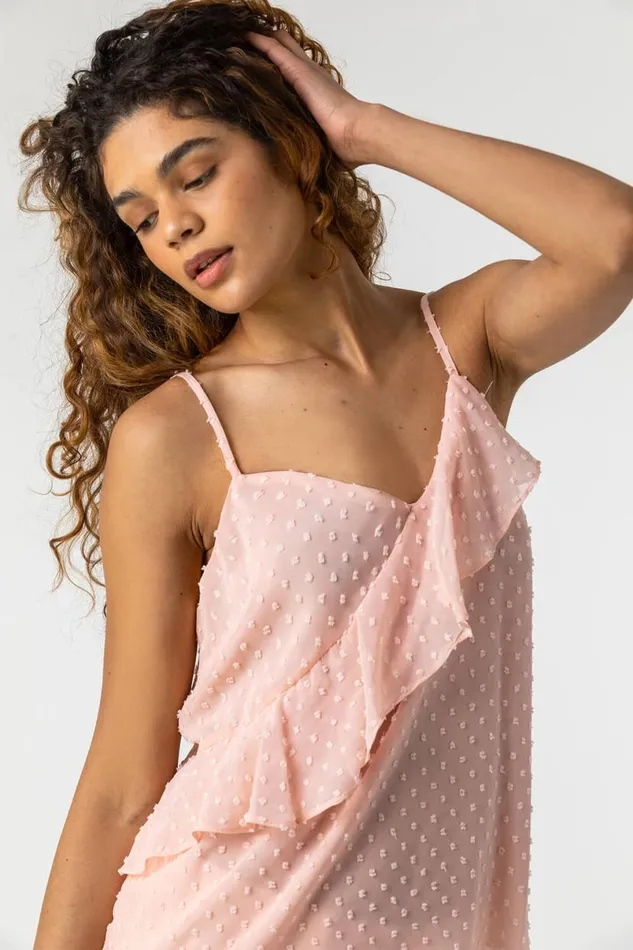 Light Pink Textured Spot Frill Detail Cami Top Women Roman Tops