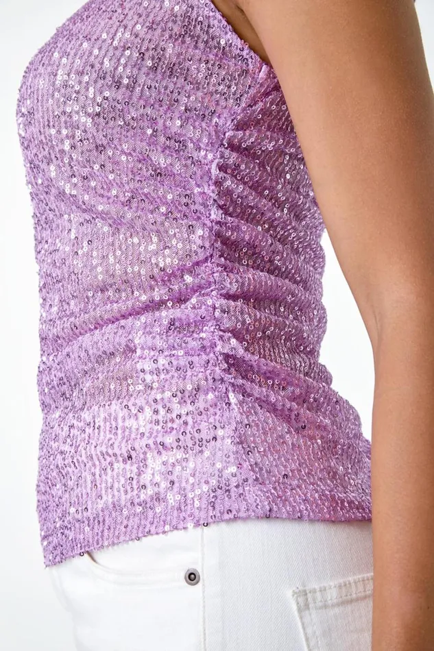 Lilac Sequin Embellished Stretch Vest Top Women Roman Tops