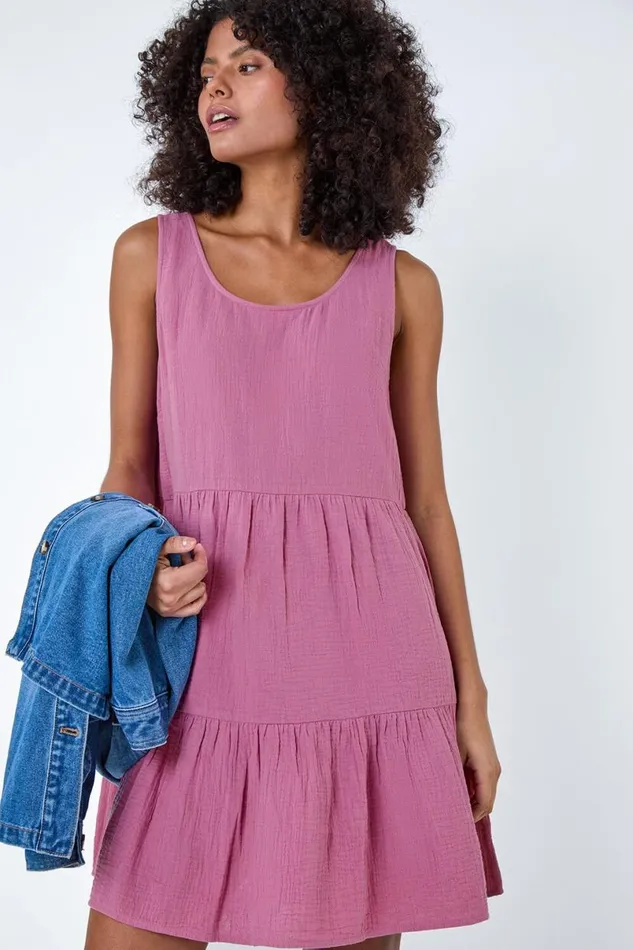 Lilac Tiered ALine Cotton Dress Women Roman Dresses