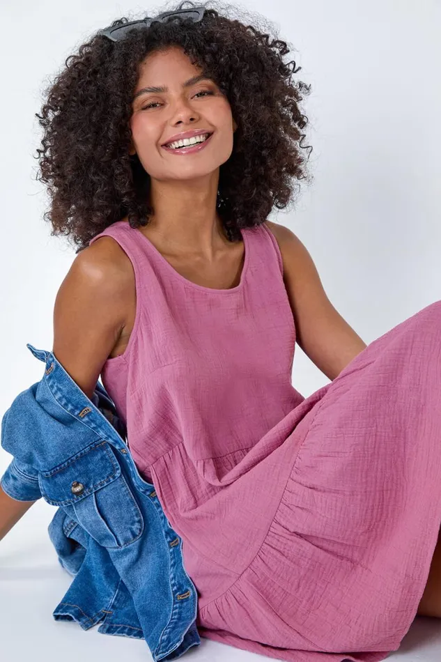 Lilac Tiered ALine Cotton Dress Women Roman Dresses