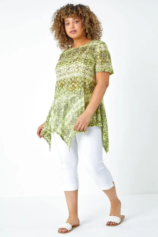Lime Curve Aztec Print Hanky Hem Top Women Roman Tops