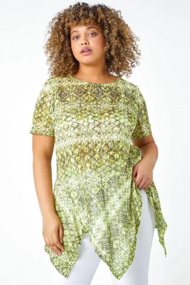 Lime Curve Aztec Print Hanky Hem Top Women Roman Tops