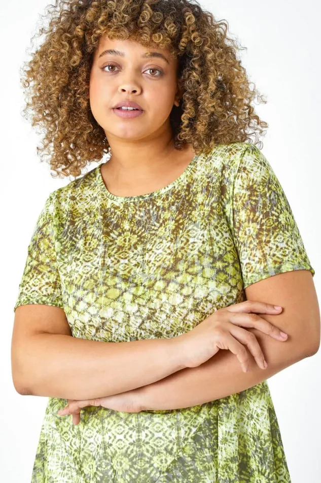 Lime Curve Aztec Print Hanky Hem Top Women Roman Tops