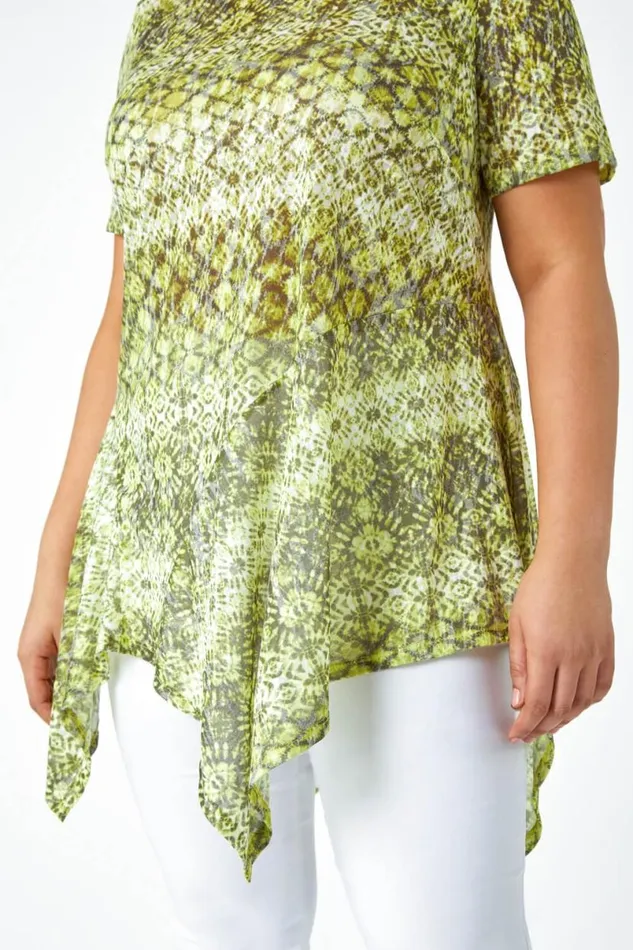 Lime Curve Aztec Print Hanky Hem Top Women Roman Tops