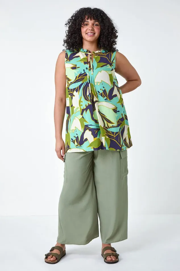 Lime Curve Leaf Print Tie Neck Top Women Roman Tops