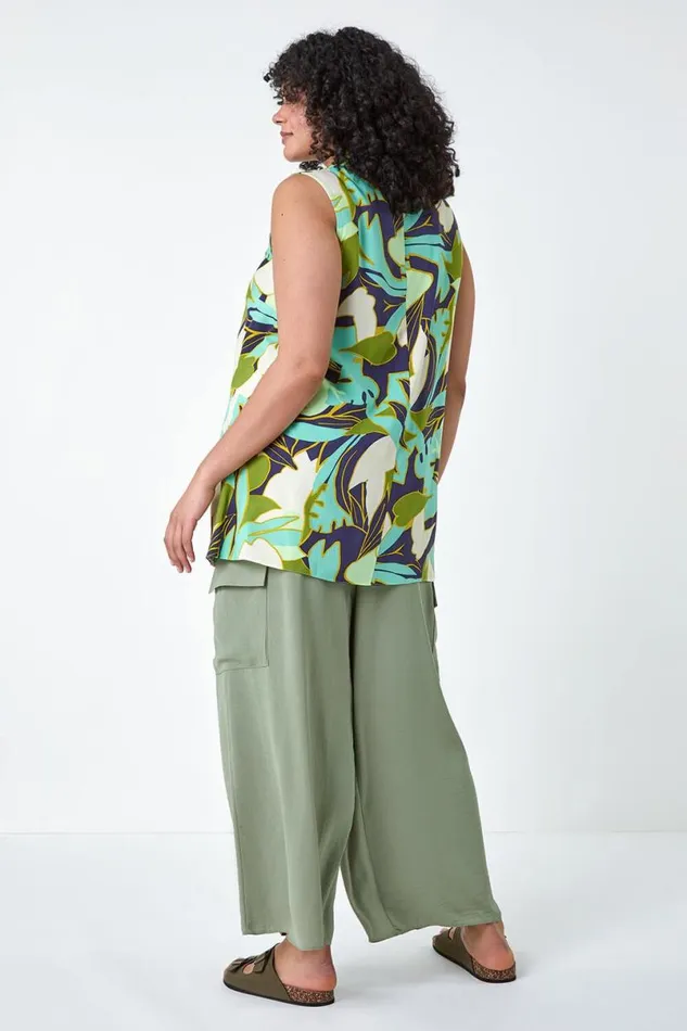 Lime Curve Leaf Print Tie Neck Top Women Roman Tops