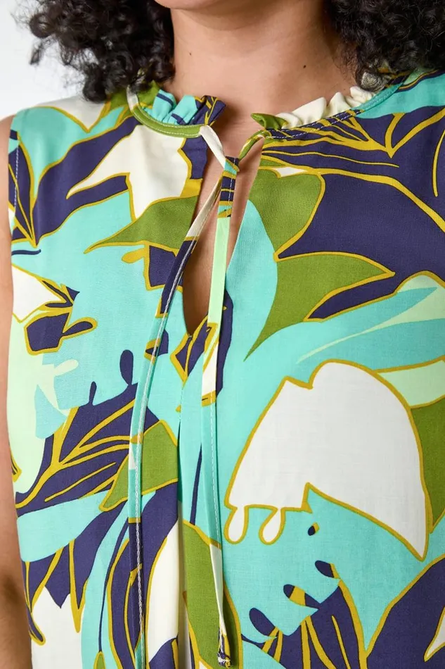 Lime Curve Leaf Print Tie Neck Top Women Roman Tops