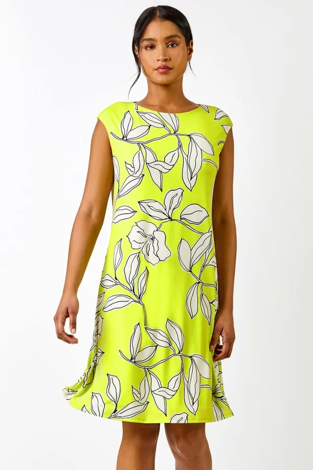 Lime Linear Floral Print Swing Dress Women Roman Dresses