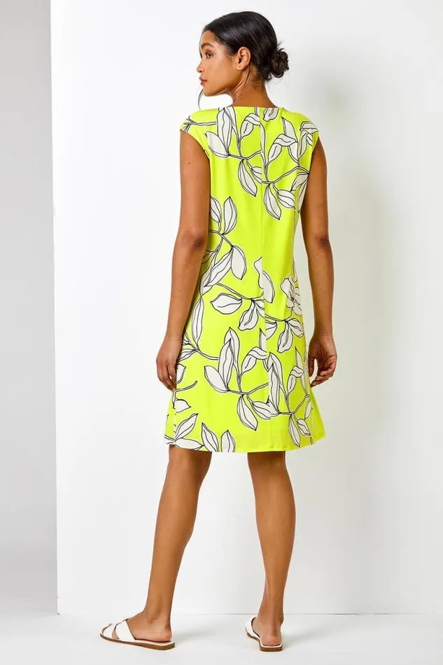 Lime Linear Floral Print Swing Dress Women Roman Dresses