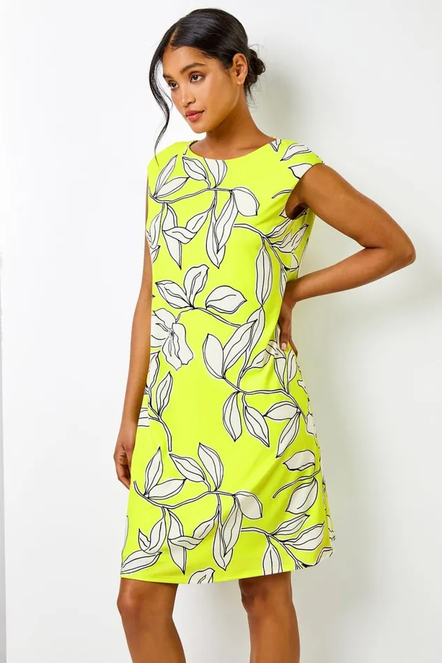 Lime Linear Floral Print Swing Dress Women Roman Dresses