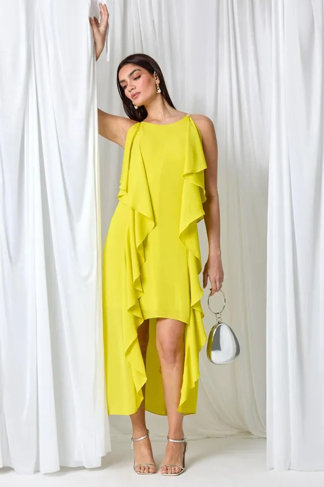 Lime Plain Dipped Hem Ruffle Detail Midi Dress Women Roman Dresses