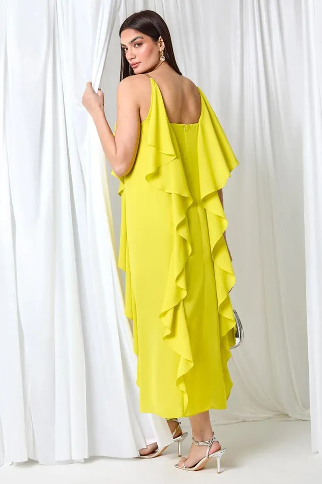 Lime Plain Dipped Hem Ruffle Detail Midi Dress Women Roman Dresses