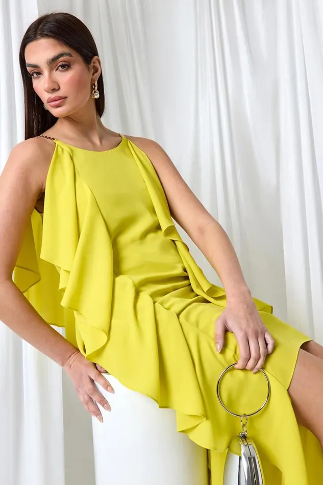 Lime Plain Dipped Hem Ruffle Detail Midi Dress Women Roman Dresses