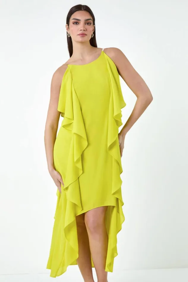 Lime Plain Dipped Hem Ruffle Detail Midi Dress Women Roman Dresses