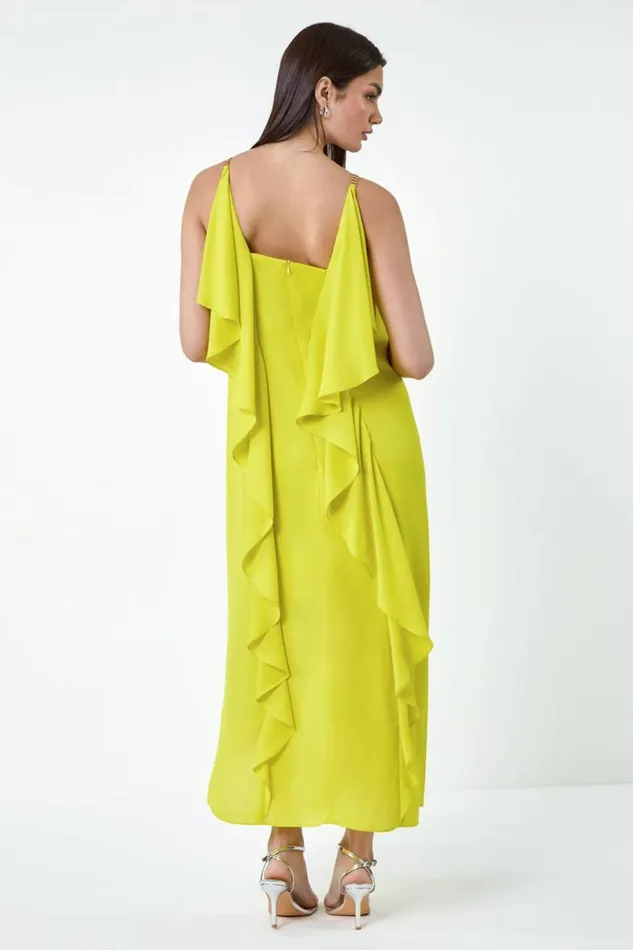 Lime Plain Dipped Hem Ruffle Detail Midi Dress Women Roman Dresses