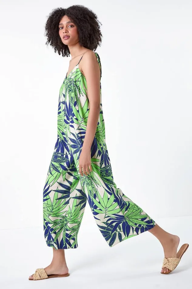 Lime Tropical Leaf Cropped Jumpsuit Women Roman Dresses