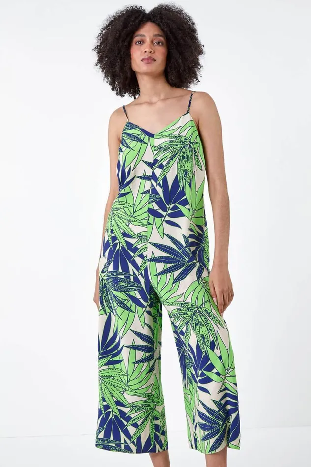 Lime Tropical Leaf Cropped Jumpsuit Women Roman Dresses