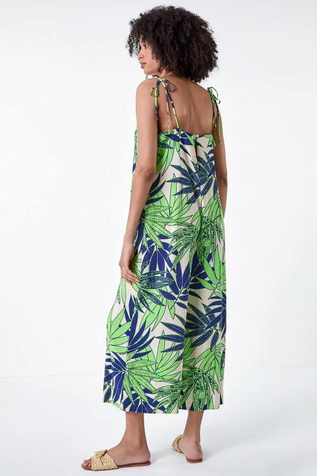 Lime Tropical Leaf Cropped Jumpsuit Women Roman Dresses