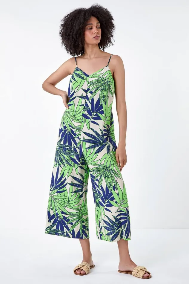 Lime Tropical Leaf Cropped Jumpsuit Women Roman Dresses