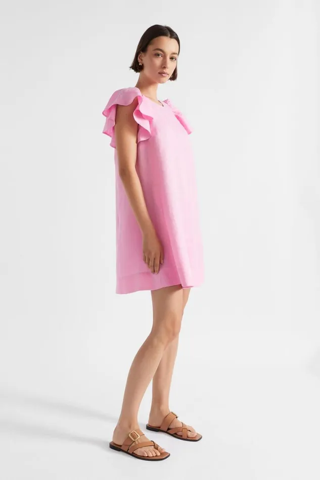 Linen Woman Seed Heritage Core Linen Frill Sleeve Mini Dress Pink Gin