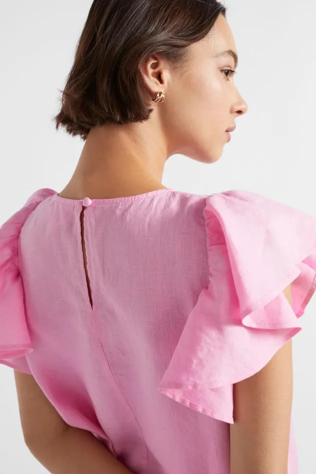 Linen Woman Seed Heritage Core Linen Frill Sleeve Mini Dress Pink Gin