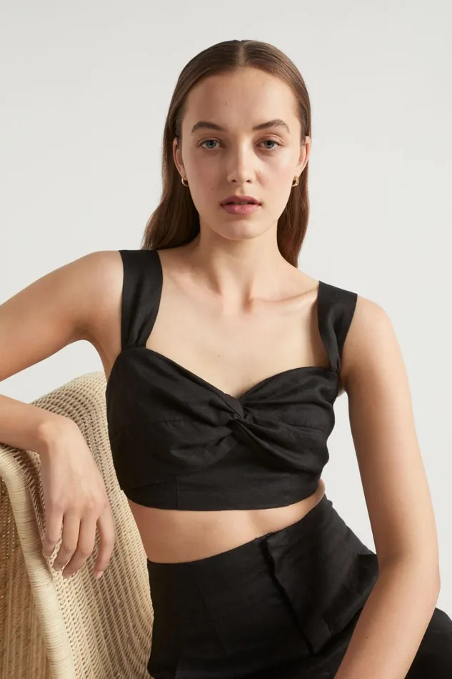 Linen Woman Seed Heritage Linen Twist Front Crop Top Black