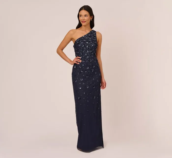 Long Dresses Womens Adrianna Papell 3D Floral HandBeaded OneShoulder Long Column Gown In Dusty Navy